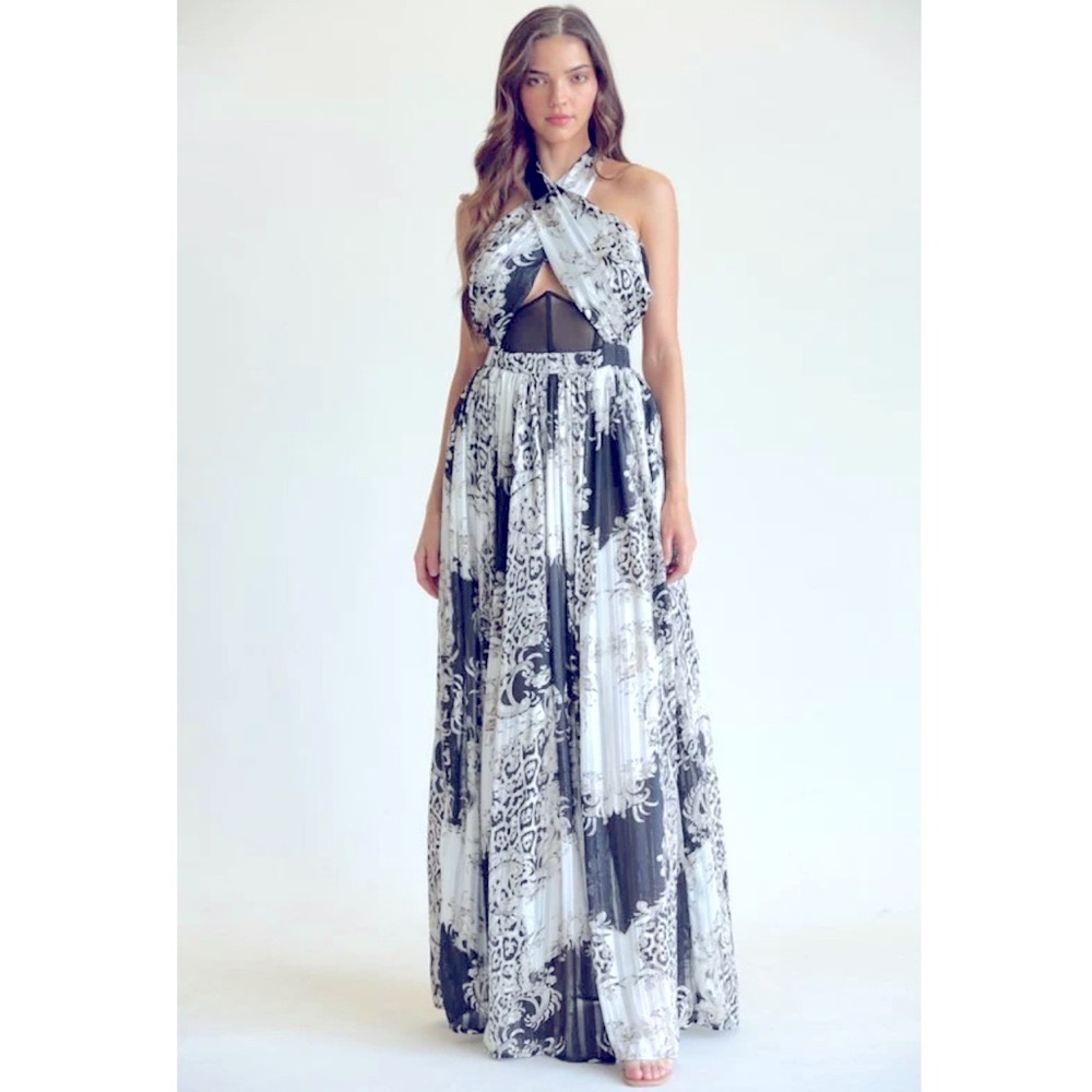 Elegant Multi-Color Leopard Print Gold Detailed Textured Halter Cross Maxi Dress